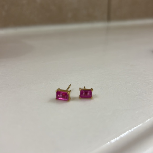 Aurate Birthstone Baguette Pink Tourmaline Studs yellow 14k Gold - Picture 3 of 5
